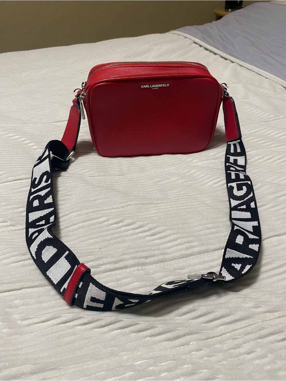 Karl Lagerfeld Red Camera Crossbody with Black & White Logo Strap